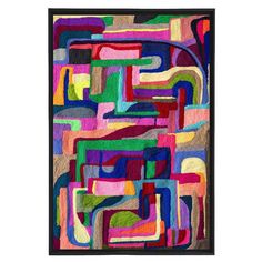 an abstract painting with multicolored lines and shapes in black frame on white background