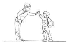 one line drawing of two people giving each other a high five with their backpacks