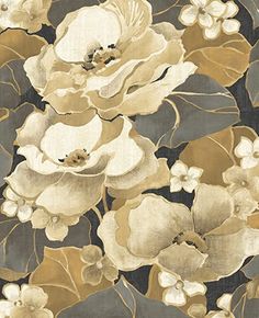 a floral wallpaper with white flowers and green leaves on a black background, in shades of gold