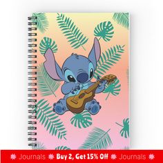 a spiral notebook with an image of stitchy playing the ukulele on it