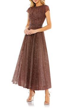 Gown Fitted, Parade Dress, Cap Sleeve Gown, Work Outside, Tea Length Skirt, A Line Evening Dress, Embellished Skirt, Exquisite Gowns, Sleeve Gown