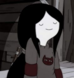 a cartoon girl with black hair is holding her hand up to her face and looking at the camera