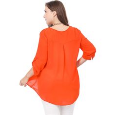 A versatile blouse is styled with a flattering split neck, a high low hem and 3/4 roll-tab sleeves for a more relaxed look. The body size chart shows the fitting size, please check the measurements to make sure the item fits before ordering. Please note that color may vary slightly according to monitor settings. Chic Blouse With 3/4 Roll-up Sleeves, Chic Blouse With Roll-up 3/4 Sleeves, Versatile 3/4 Sleeve Blouse For Fall, Versatile Blouse With Roll-up Long Sleeves, V Neck Blouses, Sleeve Packaging, Sheer Material, Roll Up Sleeves, Hem Style