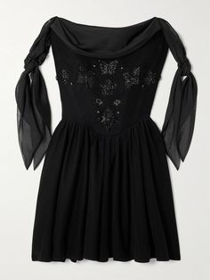 EXCLUSIVE AT NET-A-PORTER. From the midnight-black shade to the hand-beaded florals, Clio Peppiatt's 'Iris' mini dress exudes a dark romance. It's made from wispy crepe de chine and has an elegant off-the-shoulder neckline framed by knotted straps. Internal boning supports the slim-fitting bodice. Luxury Embellished Off-shoulder Dress, Black Embellished Off-shoulder Dress, Black Off-shoulder Embellished Dress, Vintage Black Embellished Evening Dress, Vintage Off-shoulder Evening Dress, Black Embellished Silk Evening Dress, Black Silk Embellished Evening Dress, Clio Peppiatt, Flat Dress Shoes