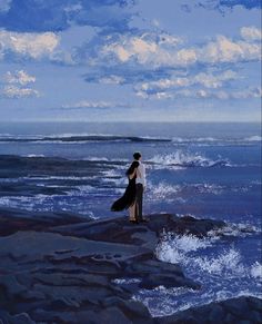 a painting of a woman standing on top of a rock next to the ocean with waves