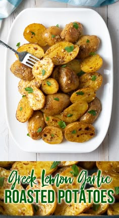 grilled lemon garlic roasted potatoes on a white plate with text overlay that reads greek lemon garlic roasted potatoes