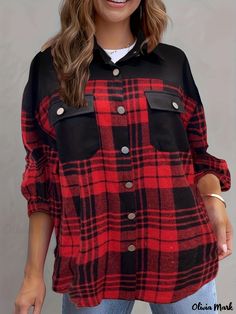 Olivia Mark - Plaid Button Front Shirt, Casual Long Sleeve Lapel Jacket Shirt, Women's Clothing Winter Flannel Shirt With Snap Buttons, Long Sleeve Flannel Shirt With Snap Buttons For Fall, Casual Collared Shacket With Button Closure, Fall Button-up Shirt With Button Closure, Shirt With Lapel Collar And Placket For Fall, Casual Long Sleeve Shacket With Buttons, Long Sleeve Shirt With Button Closure For Fall, Fall Shirt With Lapel Collar, Winter Button-up Single Breasted Shirt