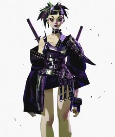 an anime character with two swords in her hand and wearing purple clothing, standing against a white background