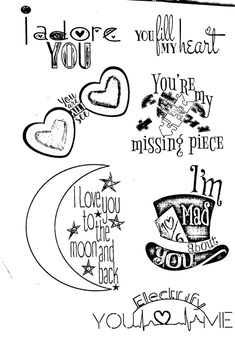 an ink drawing with some words and hearts on it, including i love you to the moon