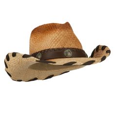 Raffia Leatherette Cowboy HatMade of 100% raffia straw.One size fits most for ladies, fitting up to 57 cm.Fitted with an inner elastic tie band.Adult/Woman.Crown measures 5 inches high.Brim measures 3 1/2 inches long.Hand wash only.Imported. Western Urban style woman's raffia cowboy hat with hatband.Pinched tear-shaped top crown.Crown is accentuated with a metal detailed leatherette hatband.Side brim is naturally upturned, wired brim.Woven ribbon trim along the edge of brim.Our raffia cowboy hat Summer Country Style Fedora With Adjustable Fit, Country Style Summer Fedora With Adjustable Fit, Straw Hat Bands With Short Brim For Rodeo, Adjustable Straw Fedora For Rodeo, Brown Straw Fedora Hat, Brown Fedora Straw Hat, Brown Woven Fedora Straw Hat, Country Style Straw Brimmed Hats, Brown Straw Fedora