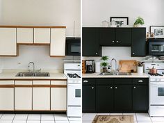 two pictures of the same kitchen with white and black cabinets