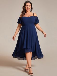 Plus Size Cold Shoulder Sweetheart Necklin Chiffon Midi Wedding Guest Dress #color_Navy Blue Dress Plus Size Wedding Guest, Womens Active Wear Outfits, Navy Blue Bridesmaid Dresses, Elegant Plus Size, Dress Party Night