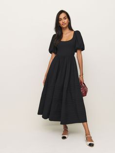 How classic. Shop the Everlyn Dress from Reformation, a midi dress with a scoop neckline, full skirt, and short puff sleeves,. Midi Dress Outfit Winter, Black Dress Modest, Dress Outfit Winter, Casual Black Dress, Midi Black Dress, Midi Dress Outfit, Work Wear Outfits, Dress Modest, Reformation Dress