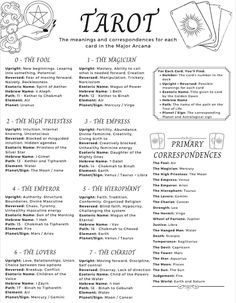 a page from the tarot book, with instructions for each card and its contents