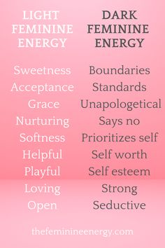 Main differences between light and dark feminine energy. To embody your feminine energy, you need a balance of both. Balance Of Light And Dark, Balanced Feminine Energy, Light Femine Energy, Dark And Light Feminine Aesthetic, Dark Feminine And Light Feminine, Feminine Energy Habits, Light Feminine And Dark Feminine, Fenimine Energy, Embody Feminine Energy