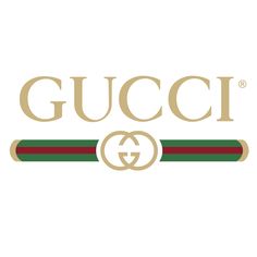 the gucci logo is shown in gold and green with a red stripe on it