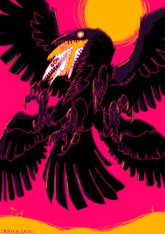 a black bird with its mouth open in front of a yellow and pink background that has the sun behind it