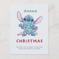 a christmas card with an image of a cartoon character in the center and words ohana on it