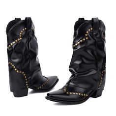 Shop Women's Black Rivets Fold Over Block Heel Boots Square Toe Cowboy Booties color Black for Ball, Music Festival, Night Club, Party with worldwide Free shipping & Free return. Punk Style Snip Toe Boots For Fall, Punk Style Snip Toe Winter Boots, Punk Style Mid-calf Boots For Fall Party, Fall Punk Style Mid-calf Boots For Parties, Fitted Boots For Fall Festival, Western Style Pointed Toe Moto Boots For Party, Western Moto Boots With Pointed Toe For Party, Western Style Moto Boots With Pointed Toe For Party, Winter Punk Style Snip Toe Boots