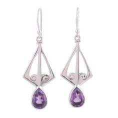 Add this pair of charismatic dangle earrings to your wardrobe crafted by hand with delicacy. Babun Dey of India designs the earrings each made of high-polish sterling silver and detailed with openwork spiral designs. Six carats of teardrop amethyst complete the earrings. Modern Sterling Silver Chandelier Earrings As Gift, Purple Sterling Silver Teardrop Dangle Earrings, Sterling Silver Teardrop Chandelier Earrings With Gemstones, Sterling Silver Gemstone Chandelier Earrings For Gift, Purple Modern Sterling Silver Earrings, Modern Purple Sterling Silver Earrings, Purple Sterling Silver Long Drop Earrings, Long Drop Gemstone Sterling Silver Earrings, Long Drop Gemstone Earrings In Sterling Silver