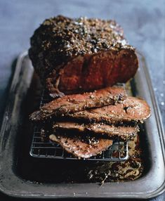 some meat is sitting on a tray and ready to be cooked in the oven,