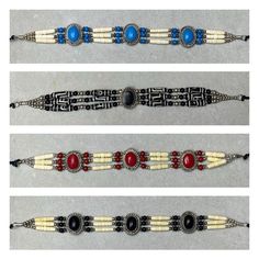 Bone chokers were a part of Native American culture in almost every part of the Americas and were worn as ornamentation and for protection. Bone choker styles varied from tribe to tribe. This Indian replica jewelry is crafted with natural leather, bone, glass and metal beads, feathers, sinew and stainless wire. Great for native apparel, costumes, and black powder use. Sold individually in assorted colors. Colors and designs will vary. Styles available (see photos): A. 10 Strand Choker B. 4 Stran Adjustable Artisan Choker, Southwestern Adjustable Choker As Gift, Handmade Southwestern Style Choker, Southwestern Adjustable Choker Jewelry, Adjustable Southwestern Style Choker Jewelry, Southwestern Style Adjustable Choker Jewelry, Black Hand-tooled Bohemian Jewelry, Black Hand Tooled Bohemian Jewelry, Black Bohemian Hand-tooled Jewelry