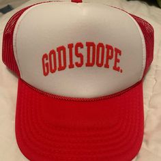 God Is Dope Red Trucker Hat, Brand New, Never Worn! Red Letter Print Snapback Trucker Hat, Trendy Red Trucker Hat With Letter Print, Red Hip Hop Hat, One Size Fits Most, Red Hip Hop Hat One Size Fits Most, Red Hip Hop Snapback Hat, Red Snapback Hat For Summer Streetwear, Red Letter Print Trucker Hat For Baseball Season, Red Trucker Hat With Letter Print For Baseball Season, Red Trucker Hat With Letter Print For Sports