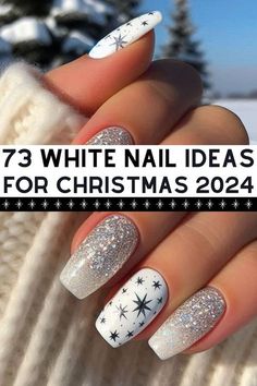 Silver Sparkle Christmas Nails, Classy White Christmas Nails, White Snowflake Nail Design, White French Tip With Star Design, Nails With Snowflakes Winter, Christmas Black And White Nails, White And Silver Holiday Nails, Christmas Nails Snowflake Glitter, White Frosty Nails