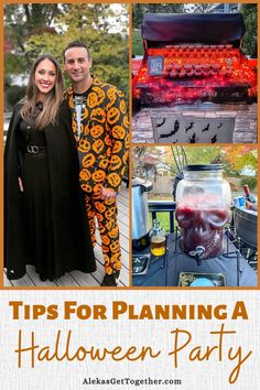 two people standing next to each other in front of an outdoor bbq with halloween decorations