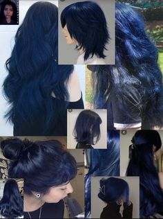 blue hair Deep Blue Dyed Hair, Deep Navy Blue Hair, Deep Blue Hair Dye, Blue Under Black Hair, Blue And Black Hair With Bangs, Black Hair With Navy Blue Highlights, Blue Hair Ideas For Black Hair, Top Of Hair Dyed, Creative Hairstyles Easy