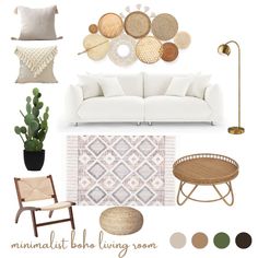 a living room with white furniture and accessories