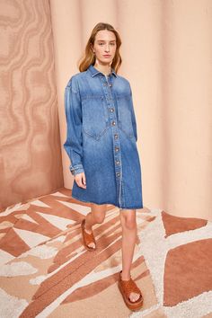 The Valerie Dress - Danube Medium Indigo Wash Blue Denim Mini Dress - Ulla Johnson Trendy Denim Shirt Dress With Button Closure, Fall Denim Dress With Button Closure And Relaxed Fit, Chic Medium Wash Shirt Dress With Button Closure, Chic Relaxed Fit Button-up Denim Dress, Chic Relaxed Fit Denim Dress With Button Closure, Fall Relaxed Fit Denim Dress With Button Closure, Oversized Blue Button-up Shirt Dress, Casual Denim Dress With Button Cuffs, Oversized Button-up Blue Shirt Dress