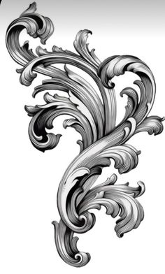 an ornate design with black and white swirls on a white background, in the form of