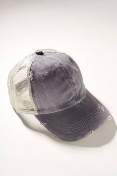 Washed solid color ripped ponytail cotton twill baseball caps with mesh and adjustable velcro close back 70% Cotton. 30% Polyester One size fits most. Distressed Baseball Cap, Online Clothing Boutiques, Mesh Cap, Baseball Caps, Boutique Clothing, Cotton Twill, Baseball Cap, Baseball Hats, Solid Color