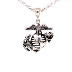 "Marine Corps Necklace - Eagle Globe and Anchor Pendant. 1\" tall and Solid Sterling Silver. Made in the USA in our USMC Veteran owned custom jewelry business. Photo shows the Eagle Globe and Anchor pendant with a 2.2mm Sterling Silver Rope chain. Exceptional fine design Marine Corps Eagle Globe and Anchor Pendant with choice of Sterling Silver rope chain and a nice gift box. Beautiful Marine Corps Necklace. Pendant is 1.0\" from bottom of anchor to top where the Bail connects. Nearly 1.25\" tal Stainless Steel Charms Jewelry With Round Pendant, Memorial Pendant Jewelry With Charms, Stainless Steel Round Pendant Jewelry With Polished Finish, Polished Stainless Steel Round Pendant Jewelry, Sterling Silver Charms Jewelry For Memorial, Symbolic Memorial Pendant Jewelry, Symbolic Stainless Steel Jewelry With Polished Finish, Personalized Pendant Jewelry, Personalized Pendant Jewelry Collectible