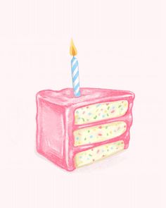 a drawing of a pink cake with a single candle sticking out of it's top