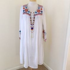 Johnny Was Os White Embroidered And Beaded Sheer Aster Tunic / Swim Cover Up. Absolutely Gorgeous. Summer Embellished Embroidered Dress, Spring Bohemian Embroidered Embellished Dress, Spring Bohemian Embellished Embroidered Dress, Bohemian Embroidered Embellished Dress For Spring, White Beaded Bohemian Dress, Swim Cover, Johnny Was, Tunics, Tunic Tops