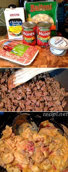 the process of making pasta with meat and sauces is shown in three different pictures