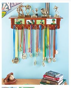 a wooden shelf with medals and trophies on it