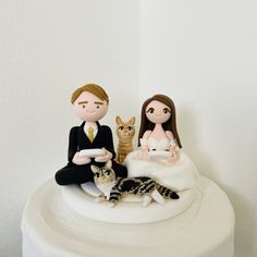 a wedding cake topper with two people and a cat sitting on the groom's lap