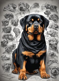 a black and brown dog sitting in front of a bunch of dogs on a gray background