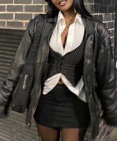 Black Halter Vest Outfit, Michellecore Outfits, Upscale Streetwear, Mitski Concert Outfit, Leather Jacket Outfit Aesthetic, Leather Jacket Aesthetic, Y2k Leather Jacket, Business Chic Outfits, Best Winter Outfits