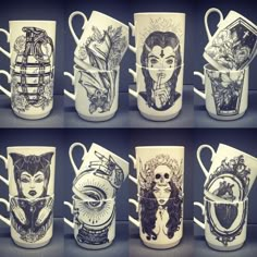 six coffee mugs with different designs on them