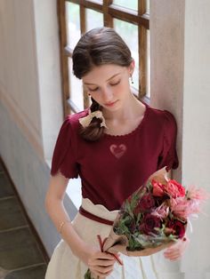 Rose embroidery slim top – remulia Elegant Floral Embroidered Crew Neck Top, Elegant Crew Neck Top With Floral Embroidery, Elegant Red Tops With Floral Embroidery, Cottagecore Clothes, Embroidered Roses, High Waist Skirt, Rose Embroidery, Romantic Roses, Romantic Style