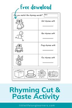 the rhyming cut and paste activity is shown in this free printable worksheet