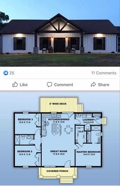 the floor plan for this ranch house is shown in two different colors and features an attached garage