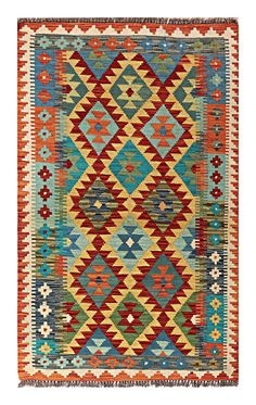 Size: 147 x 96cm (4'10"x3'2") Material: 100% hand spun organic soft wool and organic dyes. Design: Contemporary 0-20 years(Now). Origin: Afghan Pattern: Geometric Pile: Flat Warp: Wool  Weft: Wool A brand new very high quality multicolour 100% handmade flatwoven traditional wool on wool Afghan kilim rug. Made using highest quality hand spun natural sheep wool and organic vegetable dyes. Traditional Asiatic nomadic weaving techniques were used to finish this beautiful piece of pure craftsmanship. Nepalese Rugs, Kilim Pattern Cross Stitch, Organic Dyes, Morrocan Wool Rug, Flat Woven Rug, 3x5 Rug, Afghan Pattern, Rug Natural, Contemporary Rugs