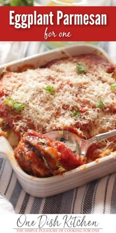 an eggplant parmesan casserole is shown with the title overlay