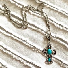 Silver Metal Cross Turquoise Howlite Pendant Necklace. Silver Metal Alloy And Rhinestones. 18” Chain. 1.25” Pendant Lightweight Metal. Turquoise Cross Necklace, Turquoise Cross, Metal Cross, Turquoise Howlite, Womens Jewelry Necklace, Cross Necklace, Metallic Silver, Womens Sizes, Jewelry Necklaces