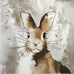 a painting of a rabbit sitting on top of a white sheet with watercolor stains